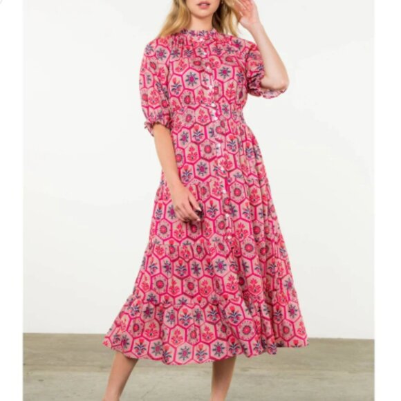 Women's THML Pink Blue Green Patterned Tiered Midi Dress - Medium - Picture 5 of 5